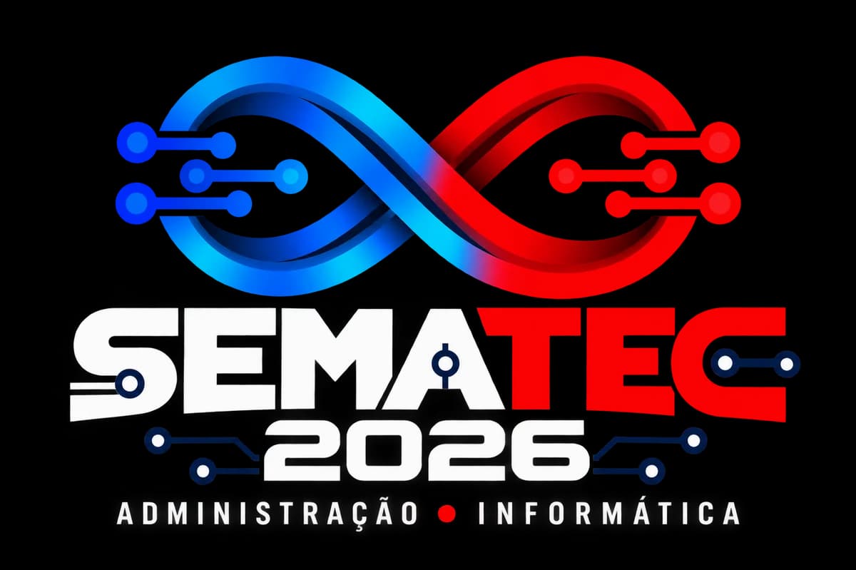 Logo da SEMATEC 2026: símbolo do infinito em azul e vermelho com trilhas de circuito, e a linha Administração e Informática